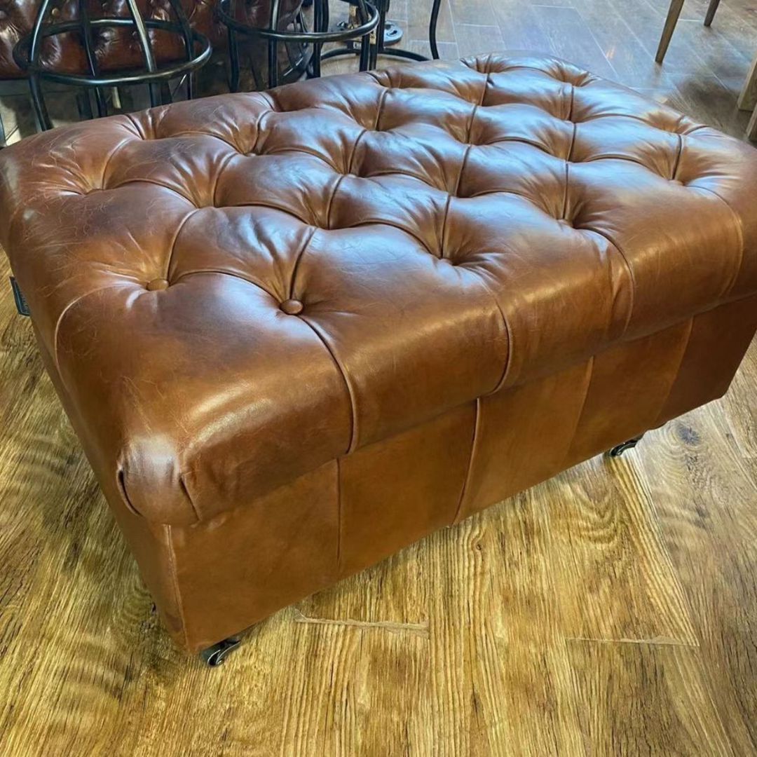 Aged Italian Leather Ottoman - Brown image 2